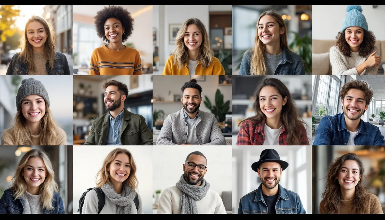 A carousel of AI-generated profile pictures featuring the same person in different outfits, settings, and expressions.