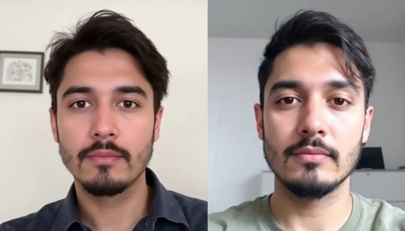 A comparison of two profile pictures—one taken with AI enhancement and the other a regular selfie—highlighting the quality difference.