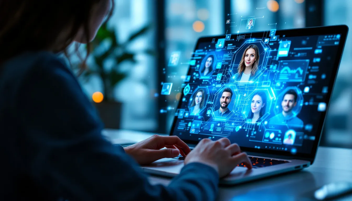 A person clicking a button on a laptop or phone, instantly generating multiple professional AI headshots.