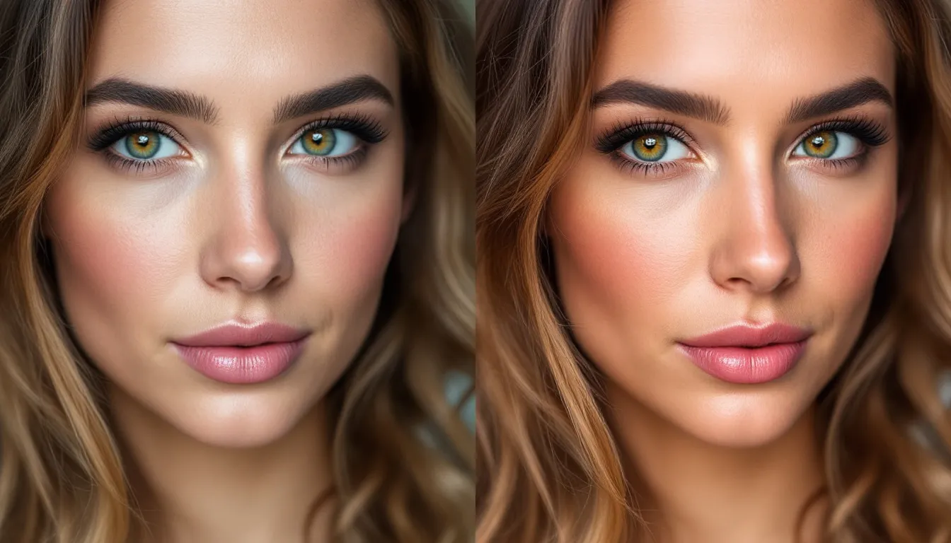 A side-by-side comparison of a raw photo and an AI-enhanced version with improved lighting, skin smoothing, and color correction.
