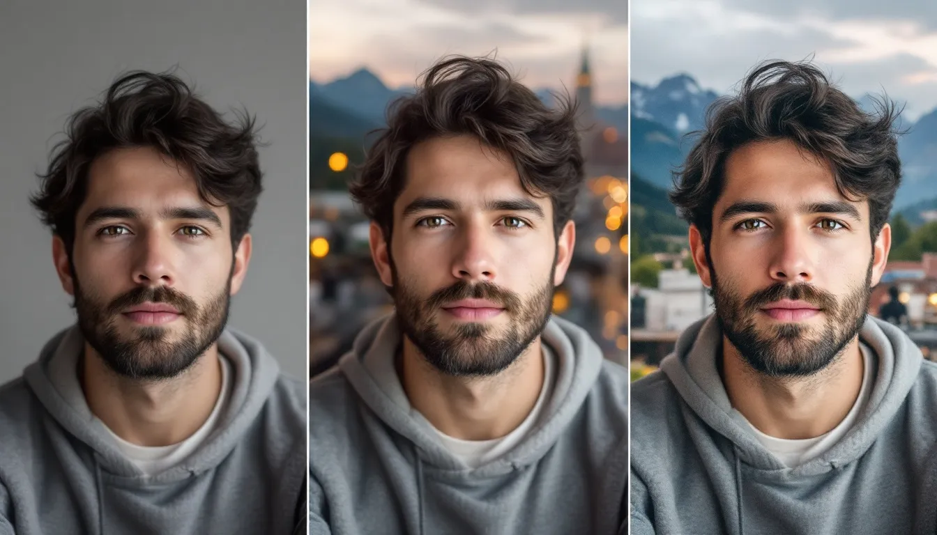A single person’s AI-generated photo transforming from a plain background to a scenic location (mountains, café, cityscape) in different variations.